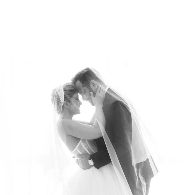 Romantic bride and groom embrace